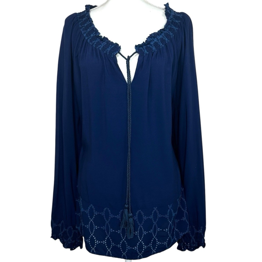 Donna Karan New York DKNY Navy Embroidered Peasant Blouse XL Tassel Tie Boho Top